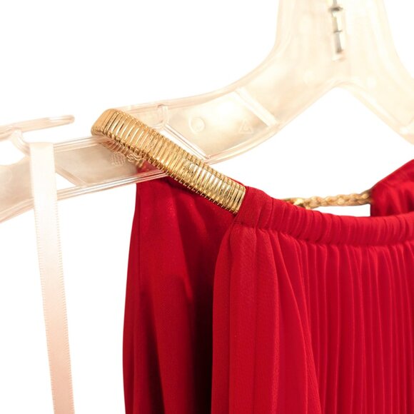 XSCAPE by Joanna Chen Chiffon Accordion Blouson Dress 14 Red Pleated Gold Collar - Picture 7 of 13